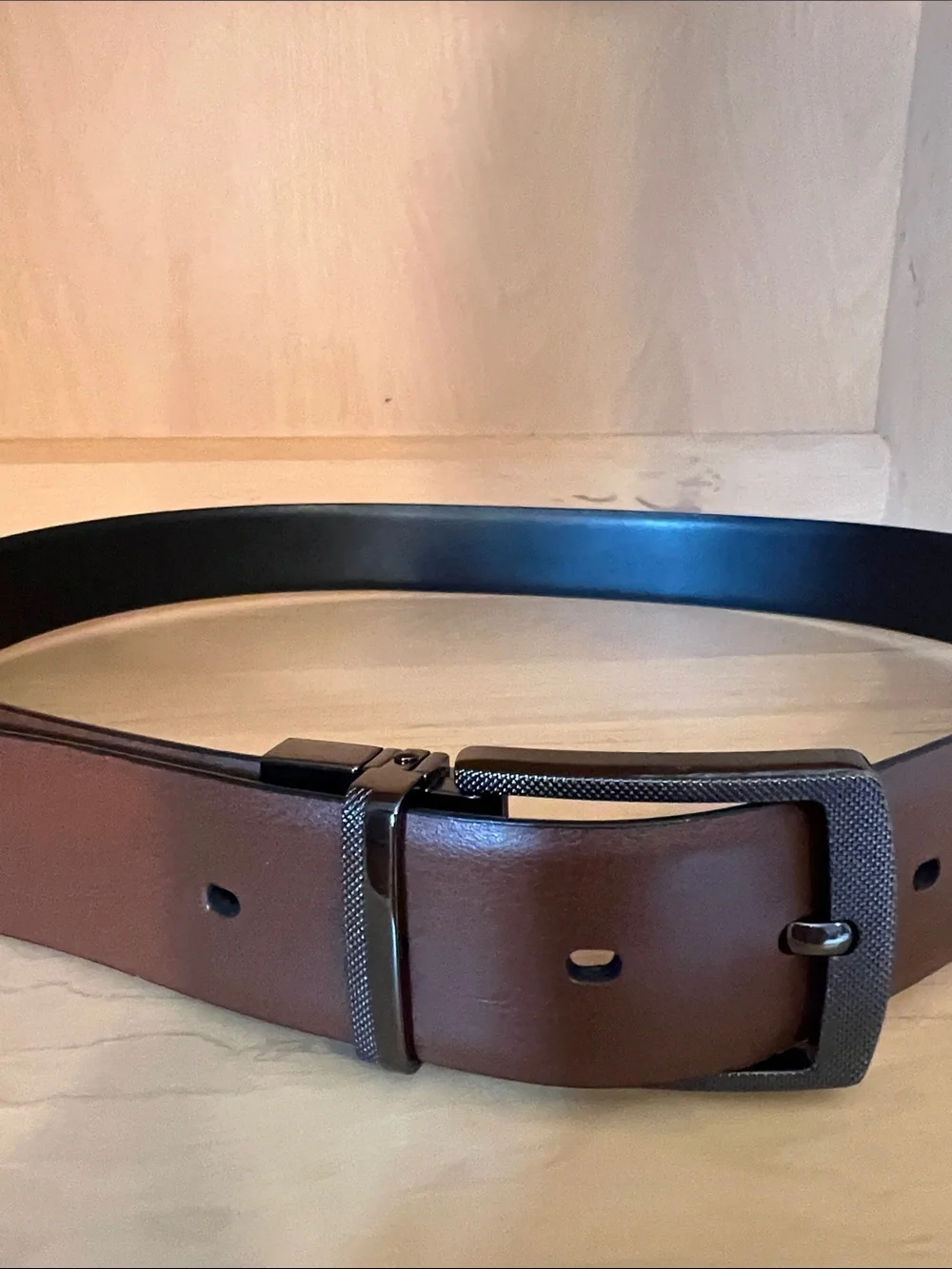 Reversible Black/Brown Leather Dress Belt with Textured Buckle